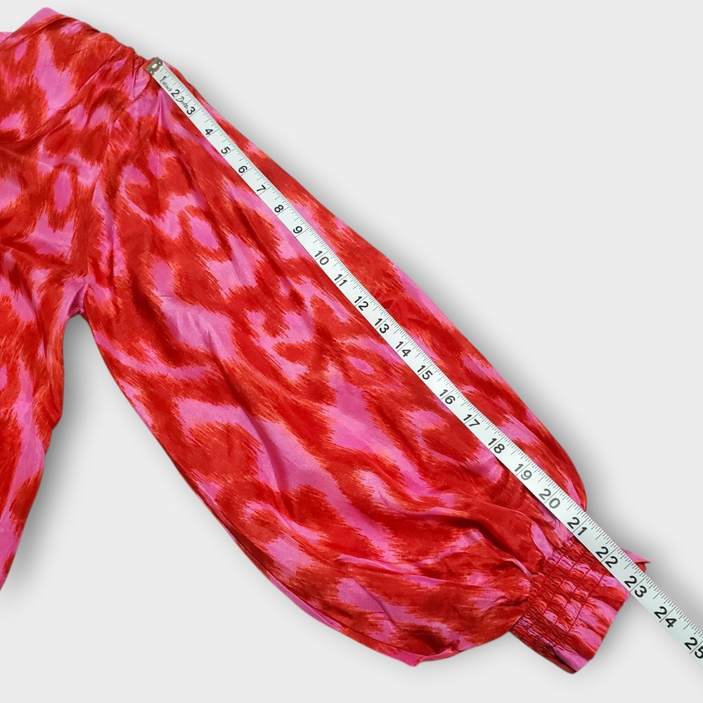 Maria Cher Loose Fit 100% Silk Blouse Pink Red Ikat Print Bishop Sleeve Large - Picture 9 of 11
